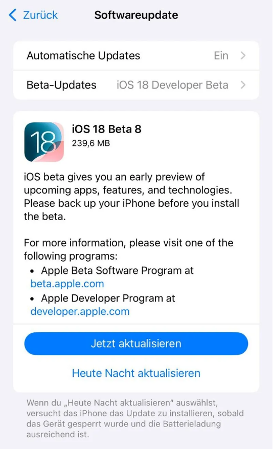 乐陵苹果手机维修分享苹果 iOS / iPadOS 18 开发者预览版 Beta 8 发布 